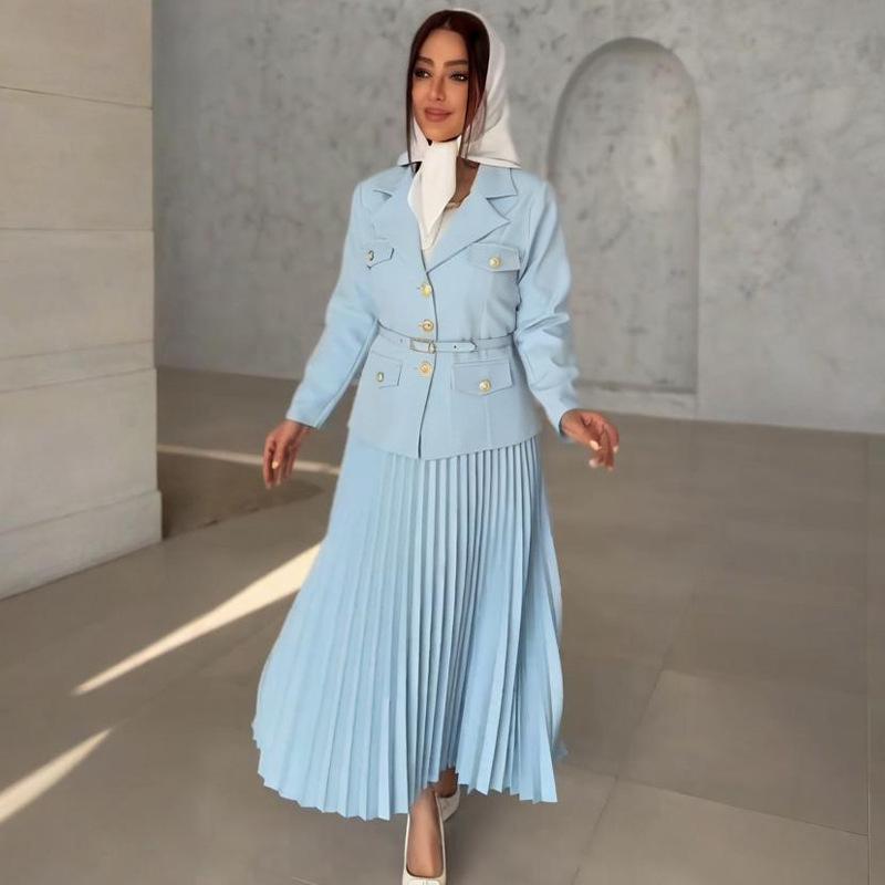 2024 Autumn European & American Solid Color Lapel Suit with Pleated Midi Skirt