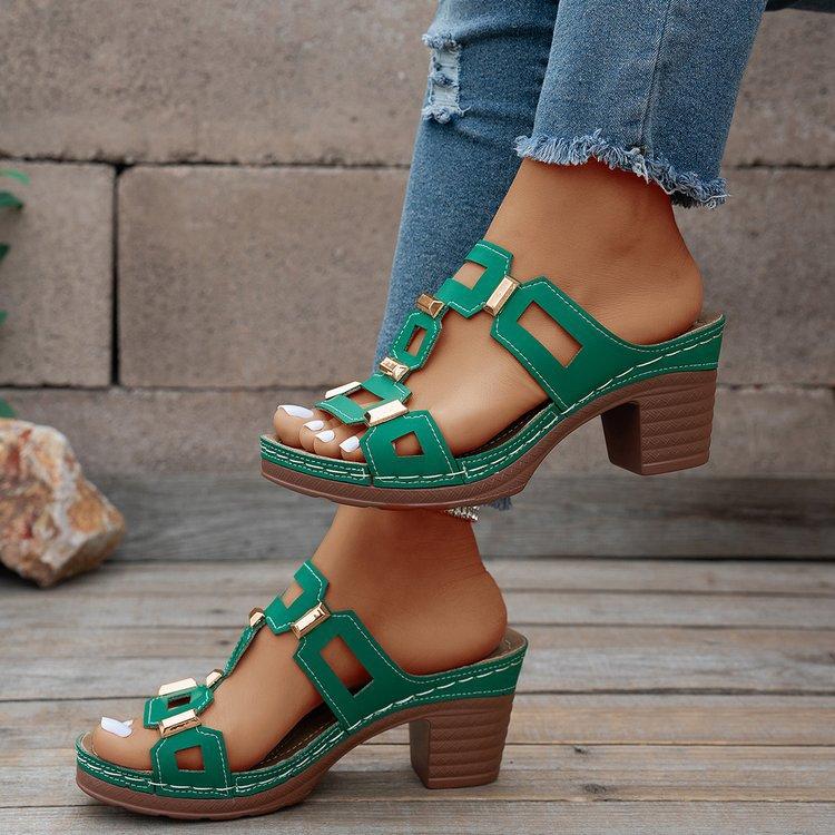 Sandalias con tacón de bloque para mujer, elegantes tacones sin cordones para salir y uso informal en verano