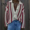 Loose Fit Men Shirt Fall Spring Cardigan Knitted Hollow Out Turn-down Collar Striped Single-breasted Long Sleeves Color Matching Slicing Patchwork