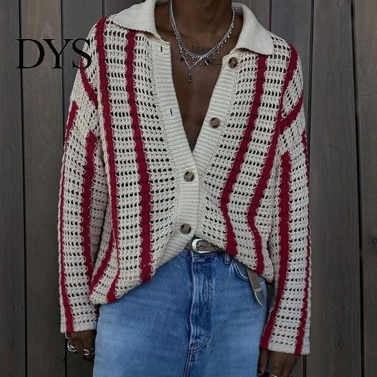 Loose Fit Men Shirt Fall Spring Cardigan Knitted Hollow Out Turn-down Collar Striped Single-breasted Long Sleeves Color Matching Slicing Patchwork