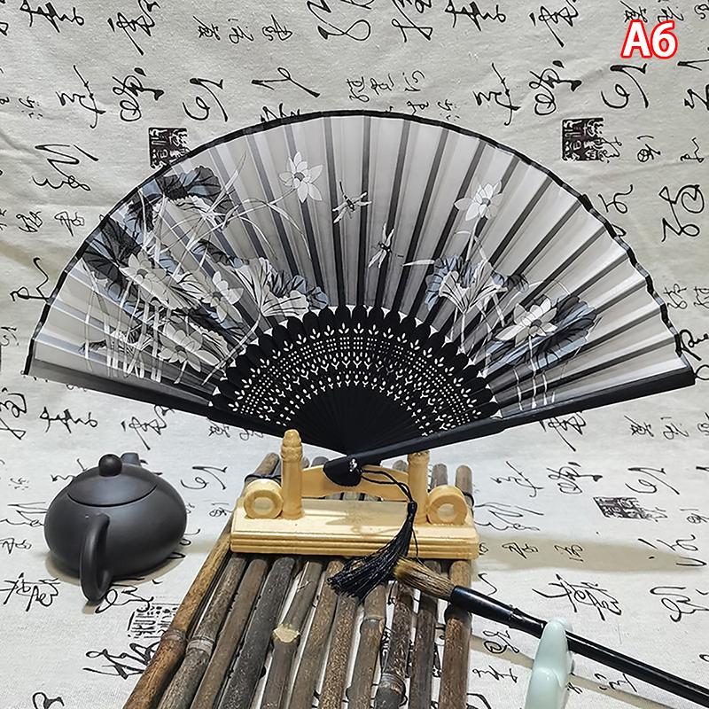 Vintage Chinese Style Folding Fan Bamboo Hand Fan Wooden Shank Classical Dance Fan With Tassel Elegent Female Fan Home Decor