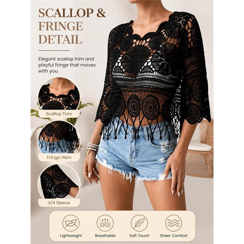 Damen Uni Fransen Cut-Out Durchsichtiges Überwurf-Boho Muschelsaum 3/4 Ärmel Strand Sarong für Urlaub Pool
