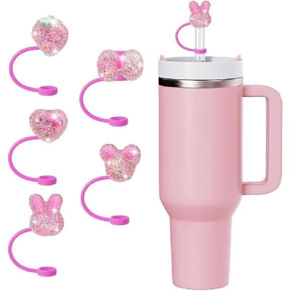 5Pcs Blling Bow Straw Cover Silicone Colorful Covers Cap for Stanley Cup 30&40 Oz Tumblers Lovely Reble Straws Cute Tumbler Straw Topper Accessories