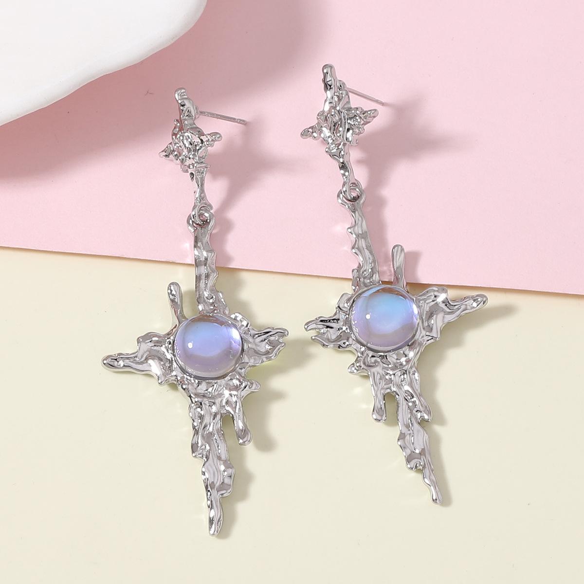 

Sweet and cool style irregular liquid pleated cross four-pointed star moon light stone tassel earrings and pendants