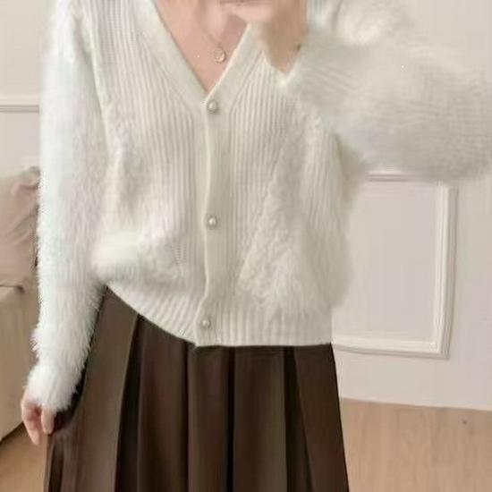 European Faux Mink V-Neck Soft Knit Cardigan Sweater - Plush Loose-Fit for Autumn/Winter