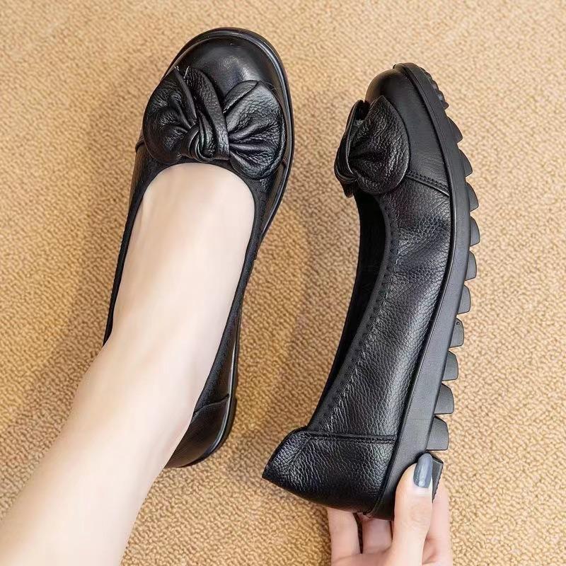 Bow soft sole single shoes female real soft leather shoes spring and summer comfortable leather shoes flat non-slip Doudou shoes
