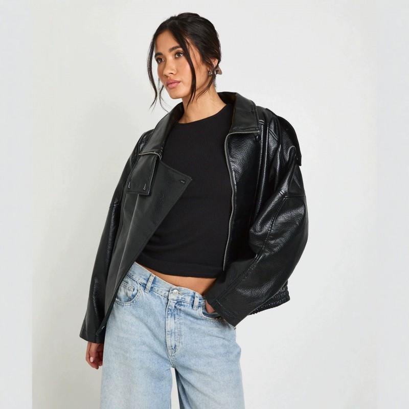 Womens Oversized PU Leather Moto Jacket