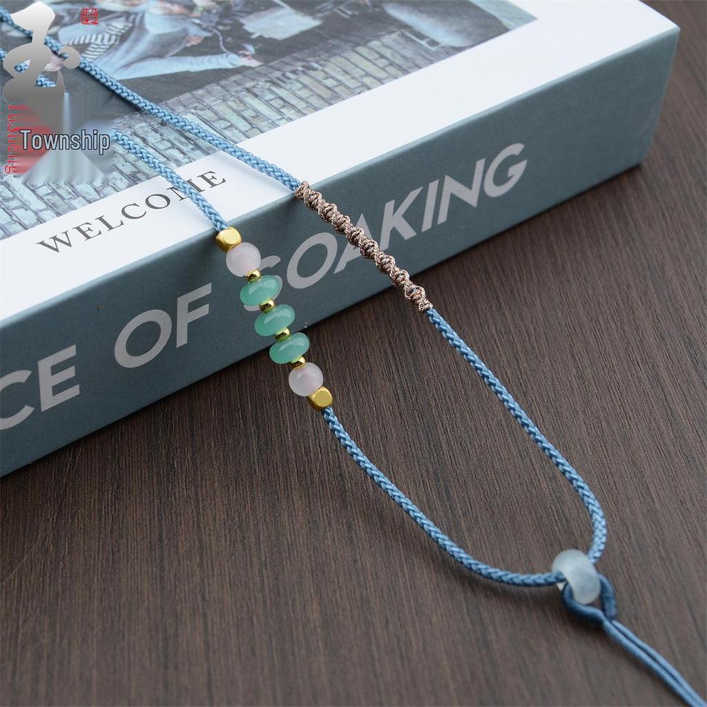 Handwoven Adjustable Jade Pendant Lanyard Necklace - Thin Gold Rope Style