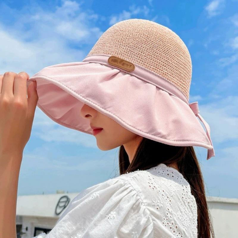 Summer sunscreen vinyl bow sun hat women's Japanese and Korean hat UV protection big eaves face covering sun empty top hat