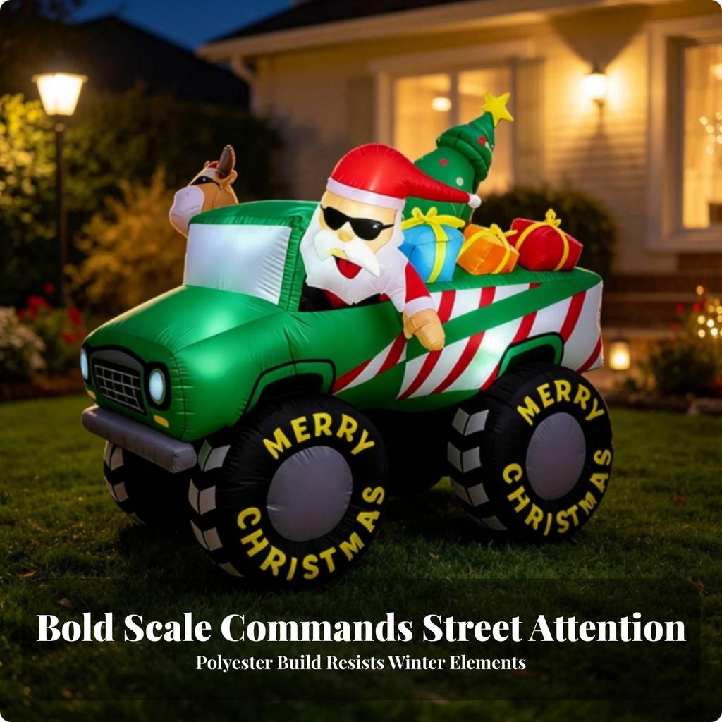 Festive Christmas Inflatable Truck | Includes Ground Stakes and Tethers, WeatherResistant Outdoor
