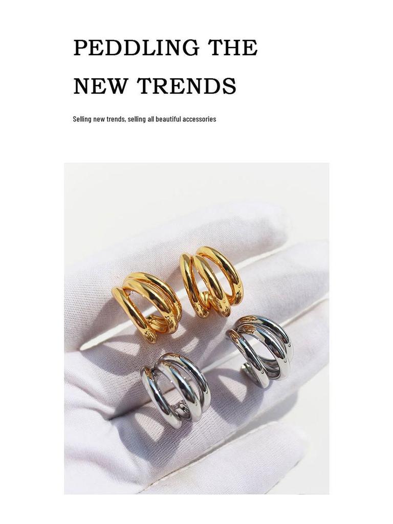 Real Gold-Plated Copper Crazy Sister Classic Three-Tube Earrings: Women's C-Shaped Hoop Silver Needle 300
