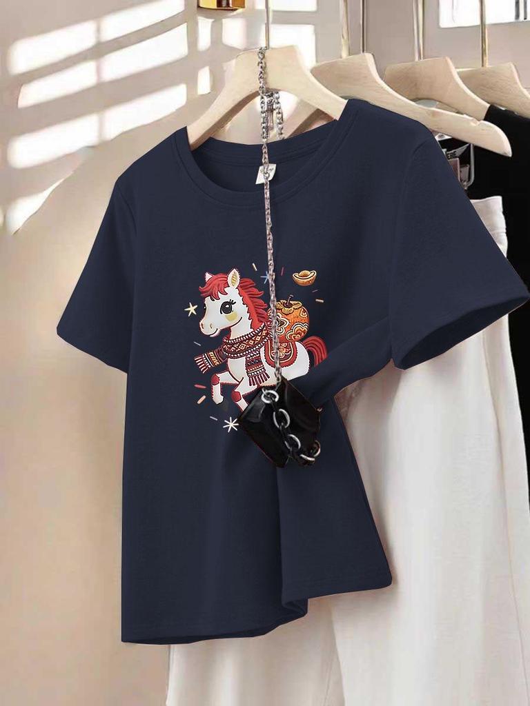 Crimson Year of the Rat Lucky Color Women's Thickened Round Neck Short Sleeve T-Shirt for Spring and Autumn