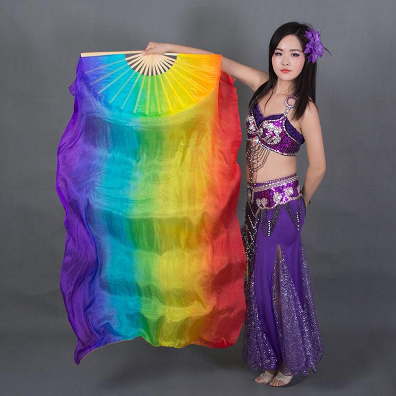 1 Pcs 150cm Length Belly Dance Fan Gradient Color Real Silk Bamboo Fans Practice Dance Silky Veil Stage Performance Props