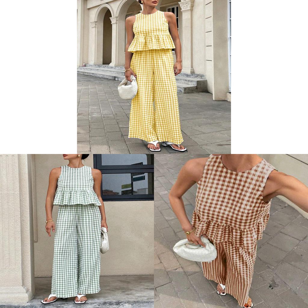 Casual Plaid Sleeveless Twopiece Set With Ruffle Hem For Women Spring Summer Comfort