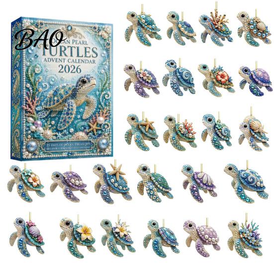 Desk Collection Figures Marine Life Advent Calendars 2026, 24 Days Christmas Countdown Calendar with 2D Acrylic Decorative Desktop Accessories Turtle