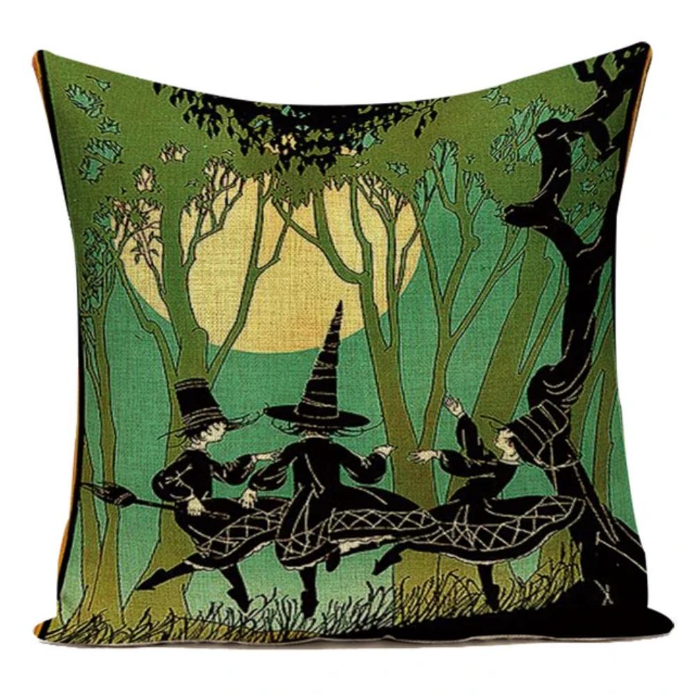 Retro Halloween Pillow Cover Vintage Illustration Witch Pumpkin Black Cat Cushion Case Home Decor Throw Pillowcase for Sofa Bed