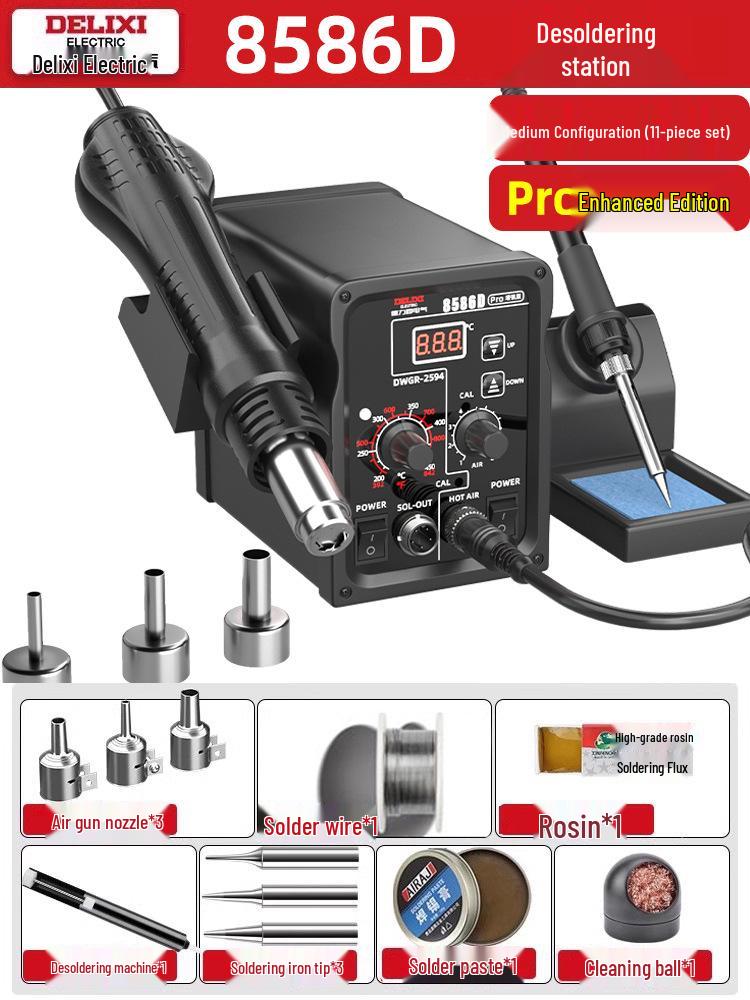 Delixi Electric 2-in-1 Soldering and Desoldering Station with Hot Air Gun and Worktable