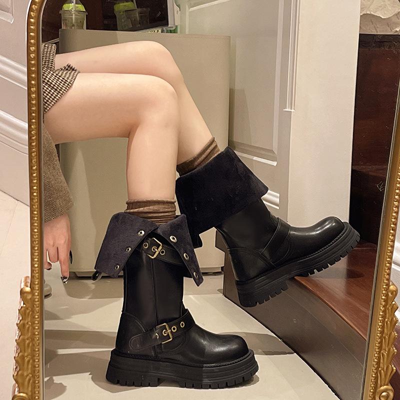 Schwarze Retro-Plateau-Stiefel mit dickem Absatz im britischen Stil, Damen 2025 Herbst und Winter neue Stiefel, hohe und schlanke Reiterstiefel