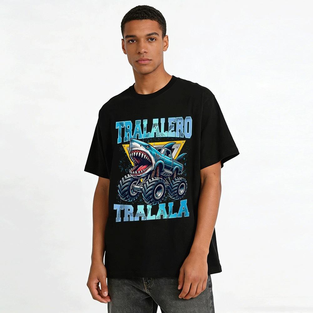 Funny Shark Monster Truck Graphic Casual Tee For Adults Kids Pure Cotton T-shirt