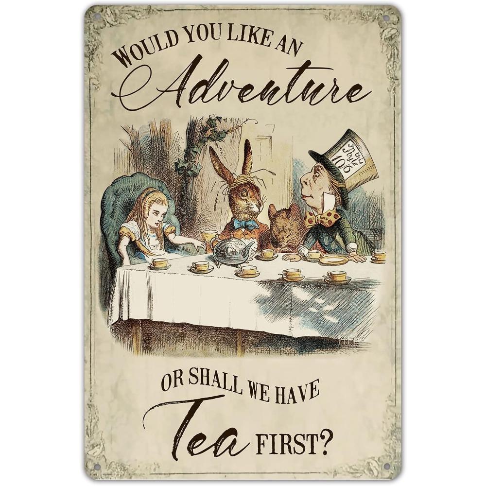 Vintage Alice in Wonderland Tea Party High Definition Metal Tin Sign Wall Art HD Printed Tin Plate Decor for Home Living Roo 20x30cm(7.8x11.8inch)