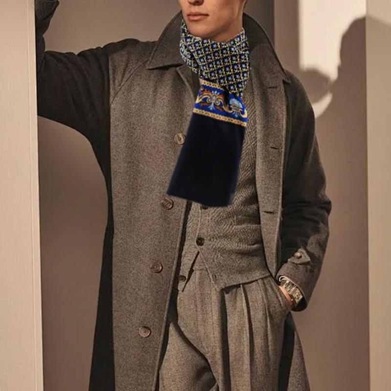 Spring Winter Silk Scarf Men Luxury Fashion Scarves Printed Plaid Neck Scarf Shawl Wrap Vintage Warm Neckerchief Accessories