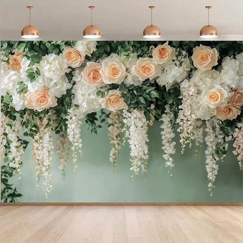 2D Flat Printing Champagne Rose & Wisteria Hanging Flower Backdrop