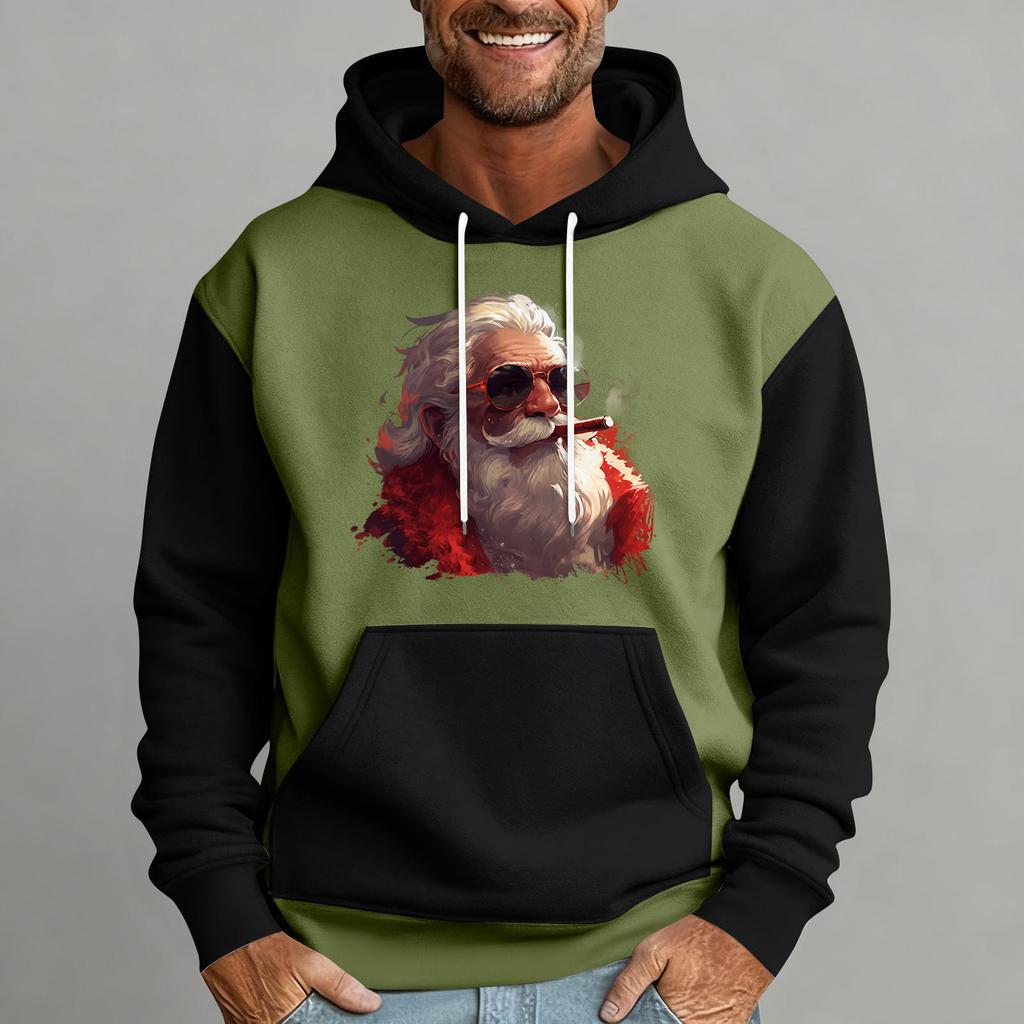 Чоловічий худі з різдвяним принтом, кольоровий блок, повсякденний спортивний комфортний світшот