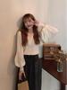 Women's White V-Neck Long-Sleeved Knit Cardigan with Lantern Sleeves - New Korean Autumn/Winter Style