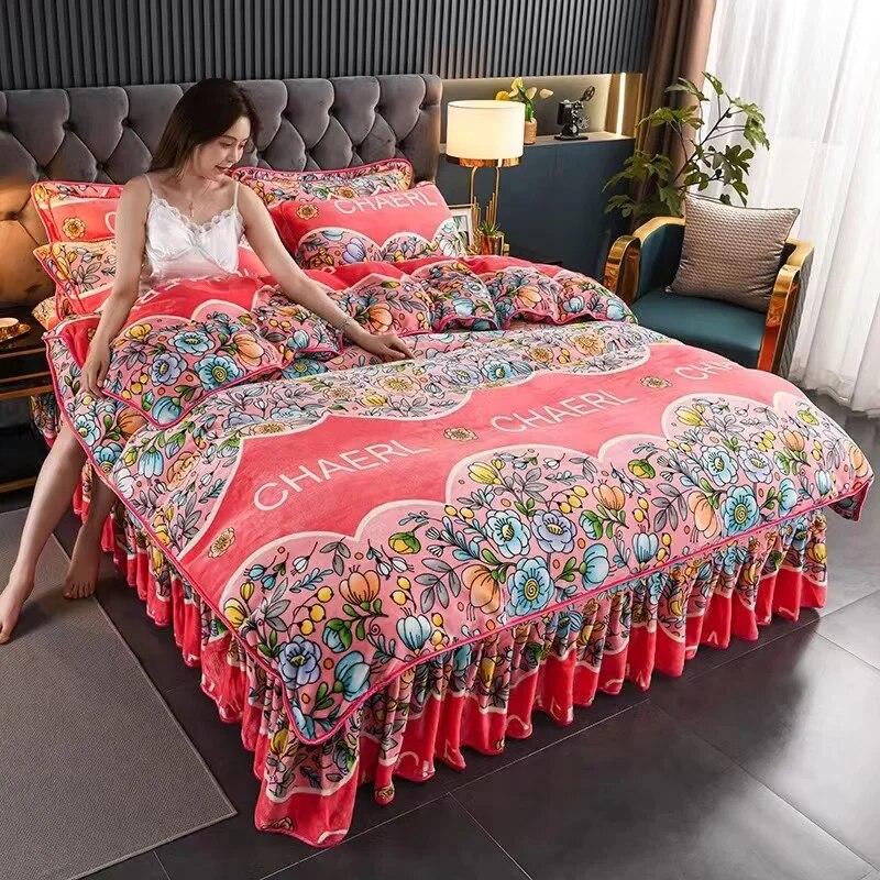 4pcs Bedding Set Fine Velvet Duvet Cover King Queen Size Thicken Quick Warm Coral Fleece Quilt Cover Bed Sheet Pillowcase