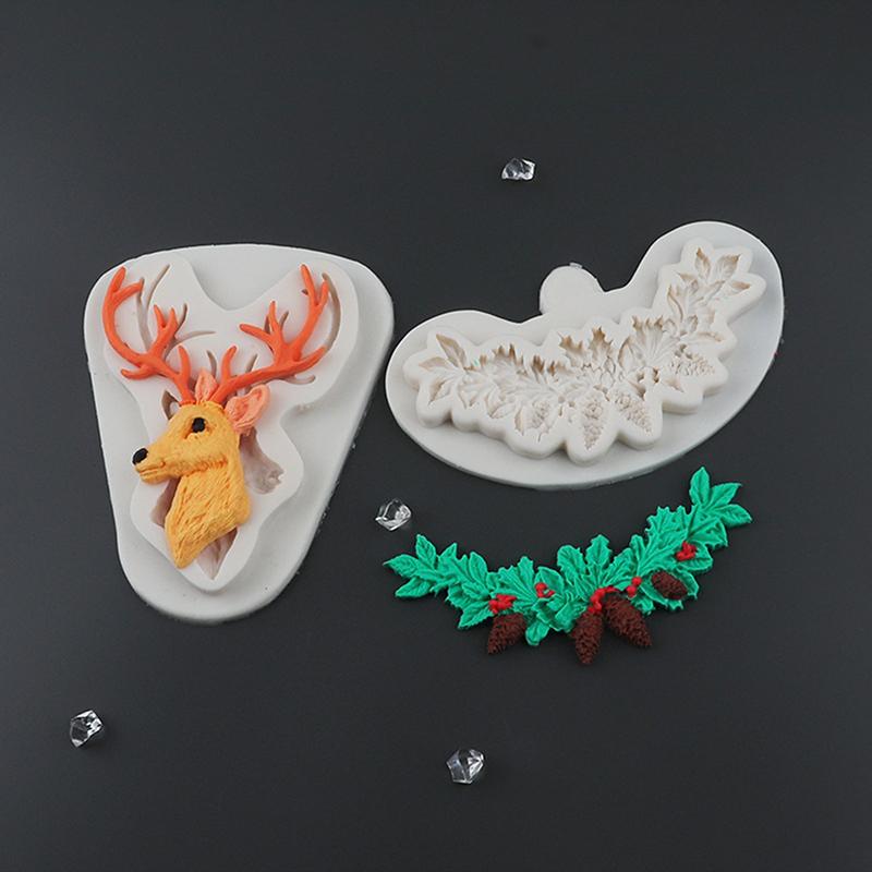 3D Christmas Reindeer/Pine Nut Leaf Wreath Silicone Mold Fondant Chocolate Mould Diy Clay Model Cake Decorating Tools Bakeware