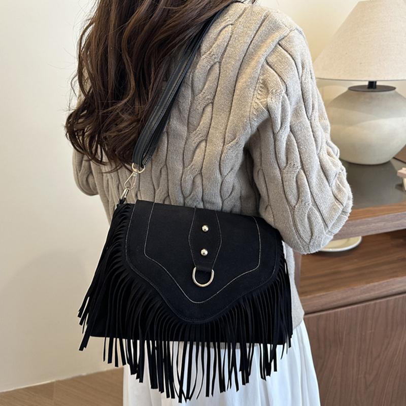 Yogodlns Lässige Koreanische Stil Quaste Umhängetasche Einfarbige PU-Leder Wildleder Handtasche Ethnischer Stil Bohème Stil Achseltaschen Reisen