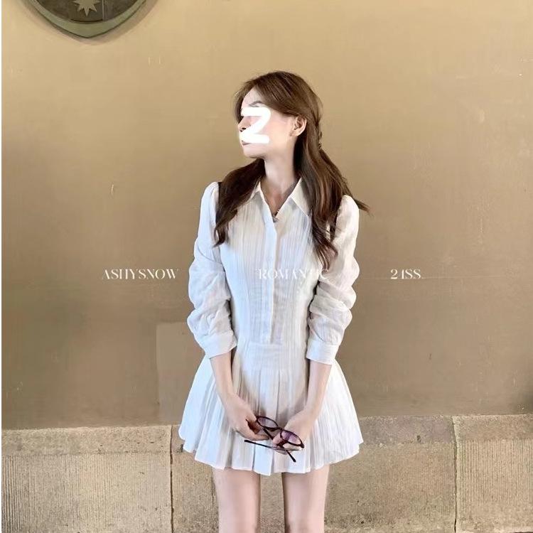 Spring College Style White Long-sleeved Shirt Dress Temperament Waist Design Collar Pleated Short Skirt A