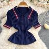 Summer Women College Style Knitted Sweater Two Piece Set Girl Polo Collar Pullover Top and Mini Pleated Skirt Suit