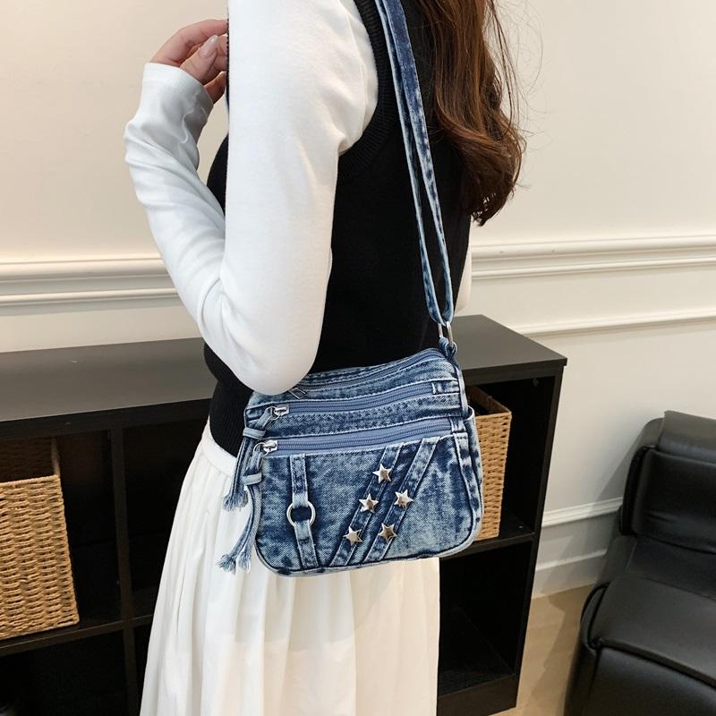 Washed Denim Crossbody Bag for Women Multi-Zipper Star Stud Casual Small Shoulder Purse