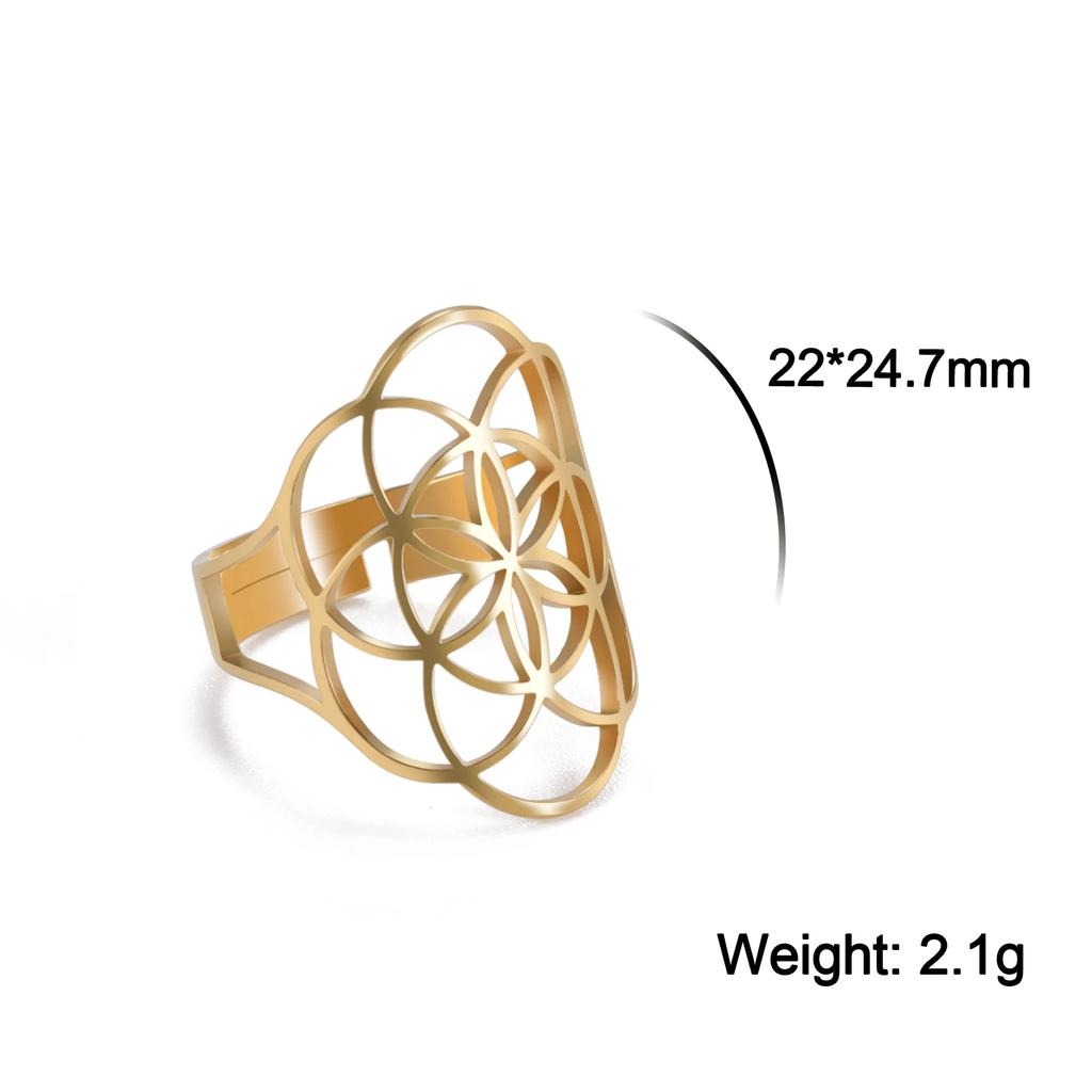 Teamer Hollow Flower of Life Women's Rings Adjustable Stainless Steel Open Rings Wedding Anniversary Jewelry Mother Day Gift