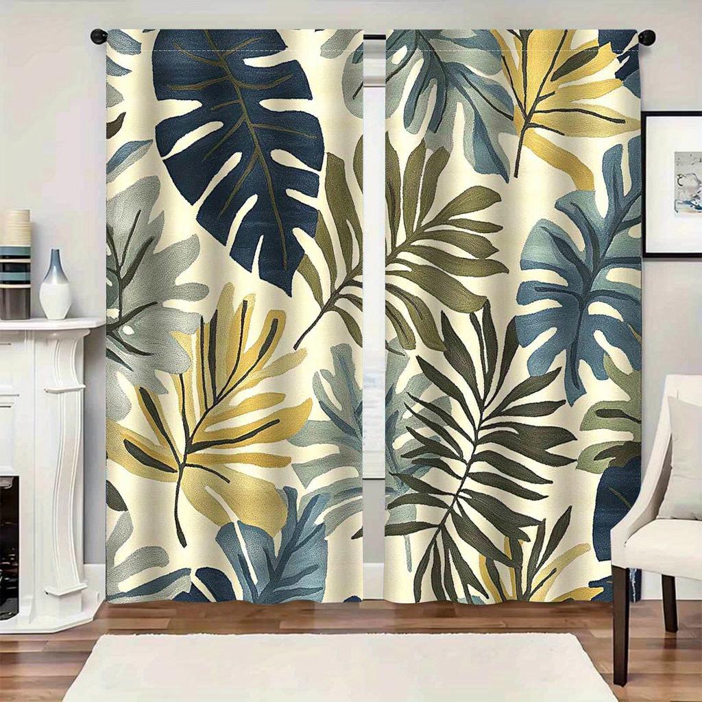2pc Tropical leaf print curtains, polyester fabric, machine washable, suitable for bedroom, living room, office decoration
