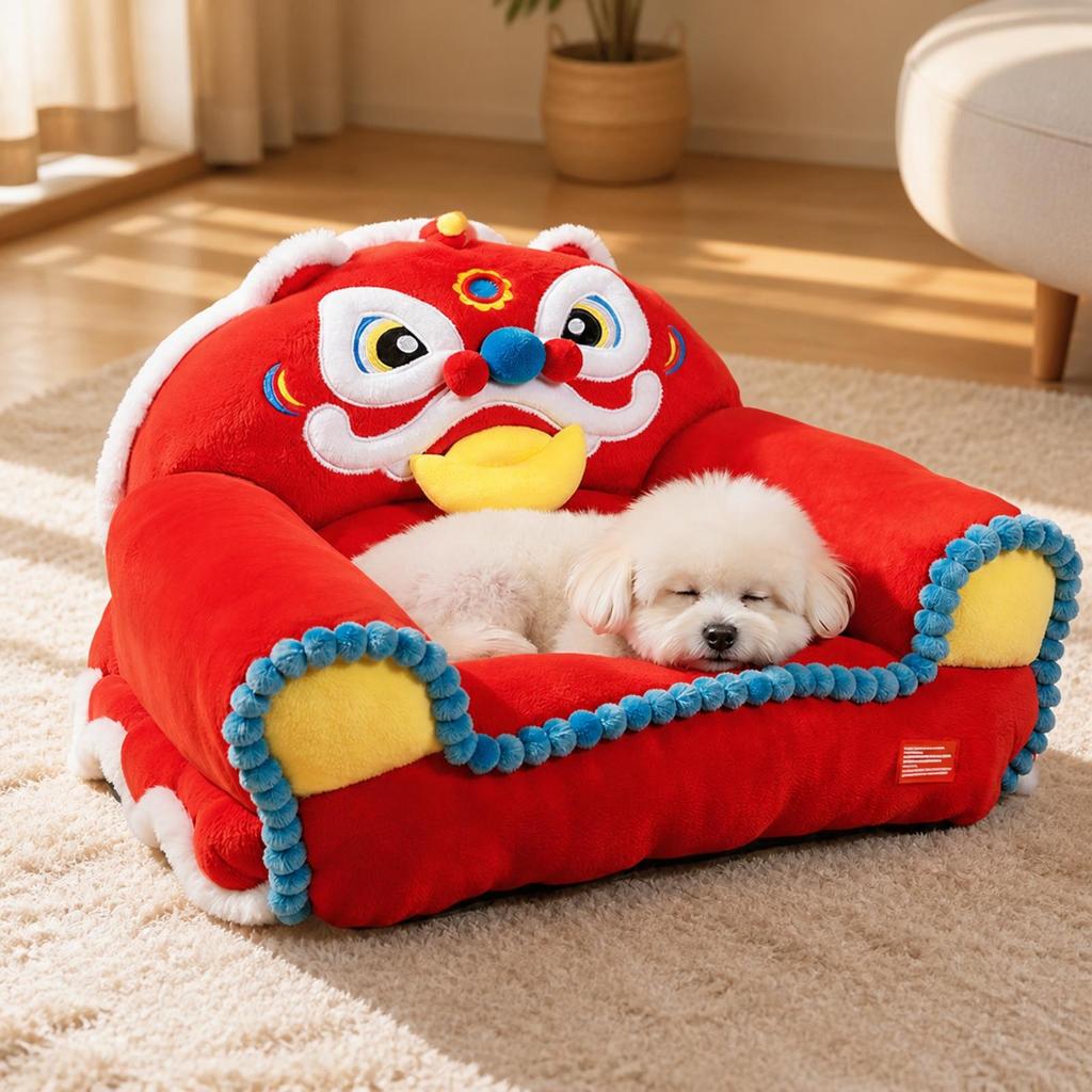 Lion-Dance Themed Pet Bed Supportive Dog Sofa Stylish for Bedrooms