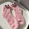 Cartoon Big Eye Socks for Women Kawaii Cute Fluffy Plush Floor Sock Winter Thicken Warm Coral Fleece Female Funny Socks