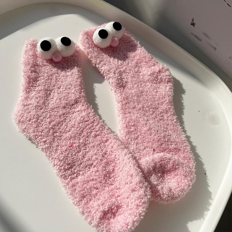 Cartoon Big Eye Socks for Women Kawaii Cute Fluffy Plush Floor Sock Winter Thicken Warm Coral Fleece Female Funny Socks