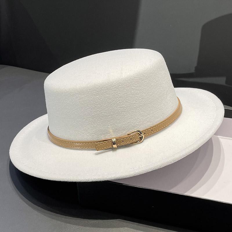 British Retro Flat-top Woolen Top Hat Women's Spring and Autumn Elegant Wide-brimmed White Jazz Hat Versatile Flat-brimmed Hat Men