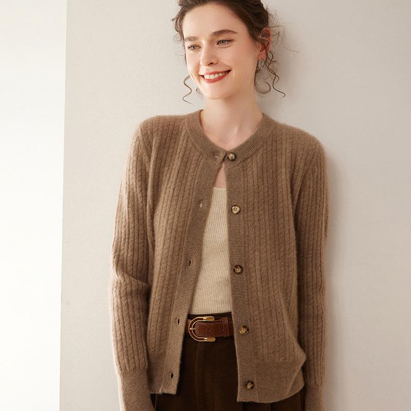 Women's Cashmere Round Neck Cable Knit Button-Up Cardigan - Autumn/Winter 2025 Korean Loose Slimming Style