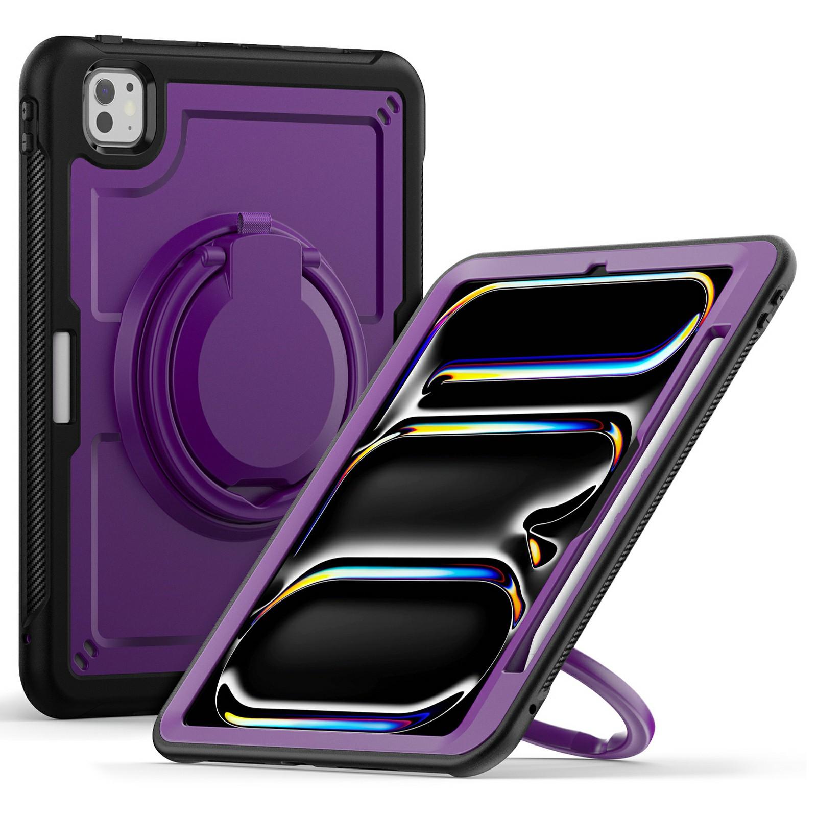 

For iPad Pro 11 (2024) M4 A2836 Case PC+TPU Kickstand Tablet Cover with Pencil Holder,Shoulder Strap Purple