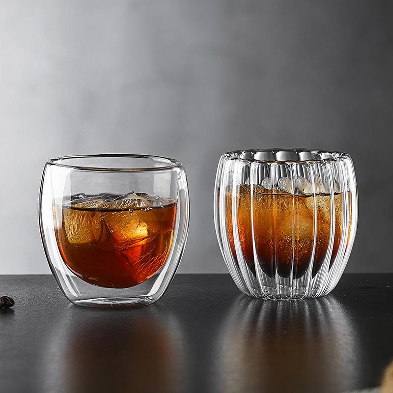 Glass cup egg shaped striped double-layer glass cup high borosilicate coffee cup transparent insulated double-layer glass cup