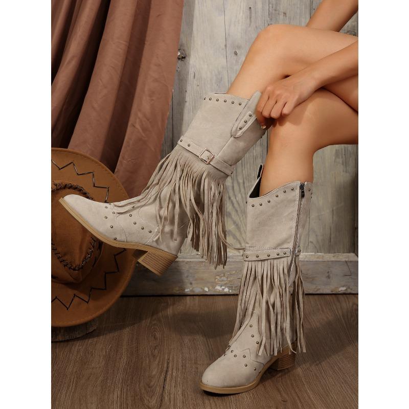 Suede Vintage Fringe Boots 2025 Winter New Rivet Belt Buckle Pointed Toe Mid-Top Boots Plus Size Knight Boots Women