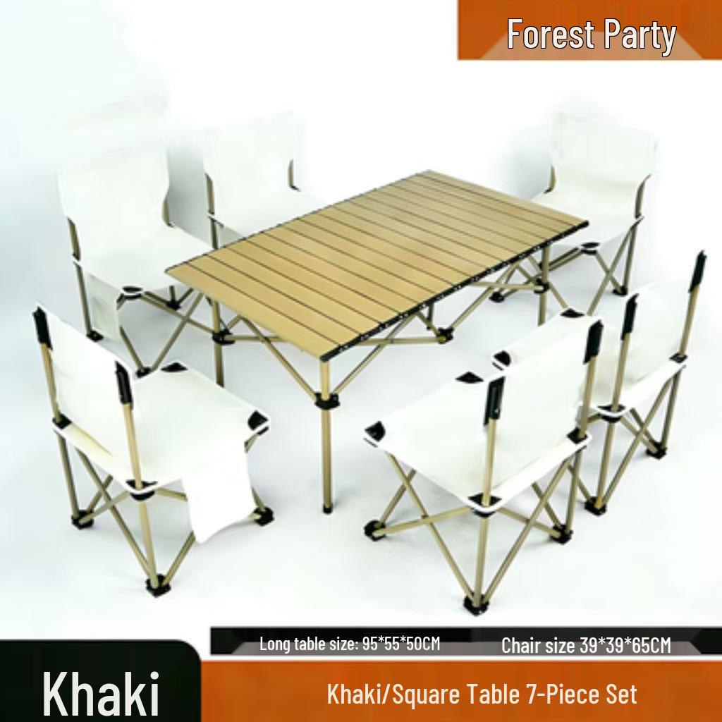 Khaki Portable Outdoor Folding Table and Chair Set with Storage Bag for Camping, Picnics, and Forest Parties.