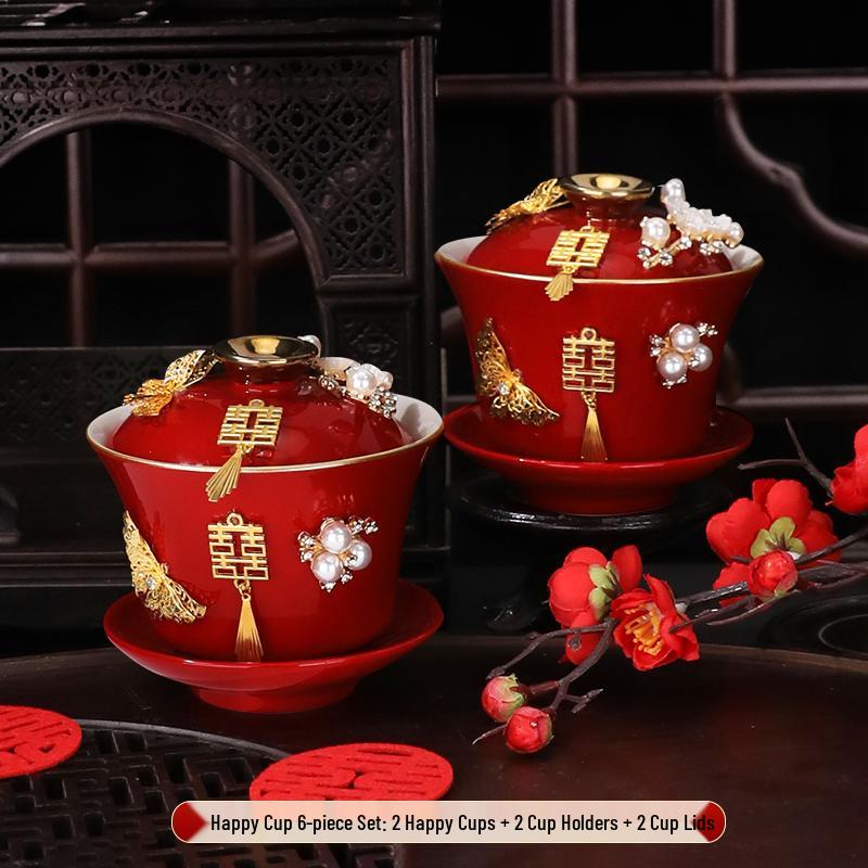 Wedding Tea Set: Red Bowls, Cups, and Chopsticks for Bride's Dowry