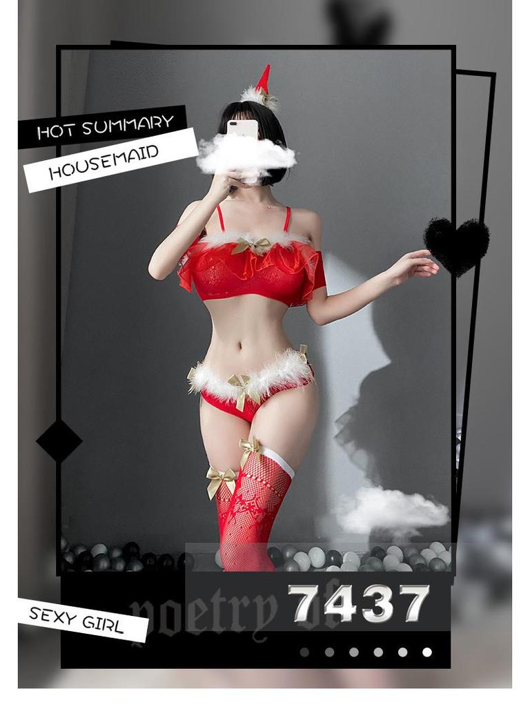 Sultry Red Lingerie Costume Set with Stockings, Net Dress, and Christmas Hat Bralette