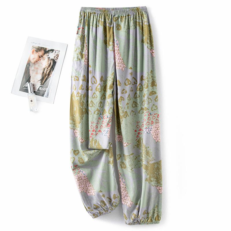 Pantaloni de pijama din bumbac mătase pentru femei, secțiune subțire de vară, anti-țânțari, pantaloni cu picior lat, culoare uni, pentru exterior, casă, petrecere a timpului liber, imprimeu, pantaloni de plajă până la genunchi