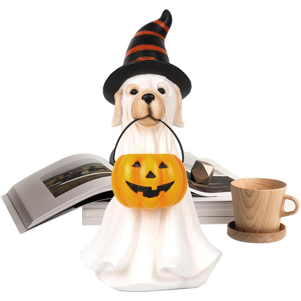 Halloween Ghost And Imp Figurine Pumpkin-carrying Ghost Dog And Ghost Cat Statue Resin Craft Decoration For Kitchen Fireplace