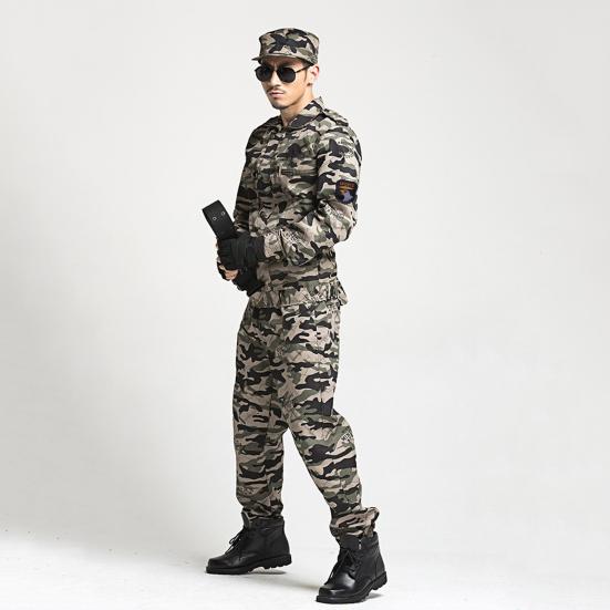 2Pcs/Set Lapel Long Sleeve Zipper Buttons Placket Cargo Coat Pants Men Multi Pockets Camouflage Print Work Training Outfit Male Clothing